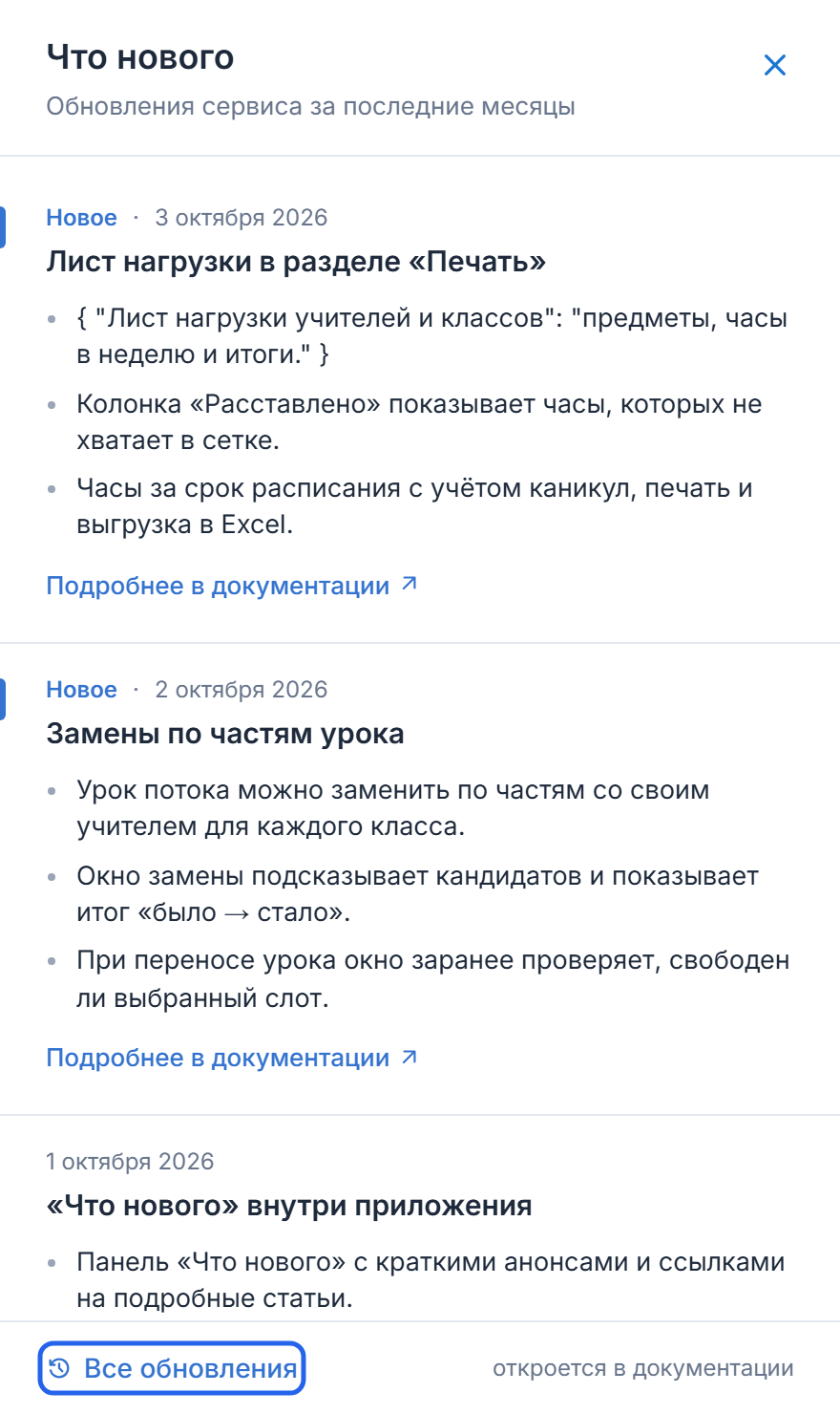 Панель «Что нового» с выпуском о дневном максимуме предмета, переходом в документацию и ссылкой «Все обновления»