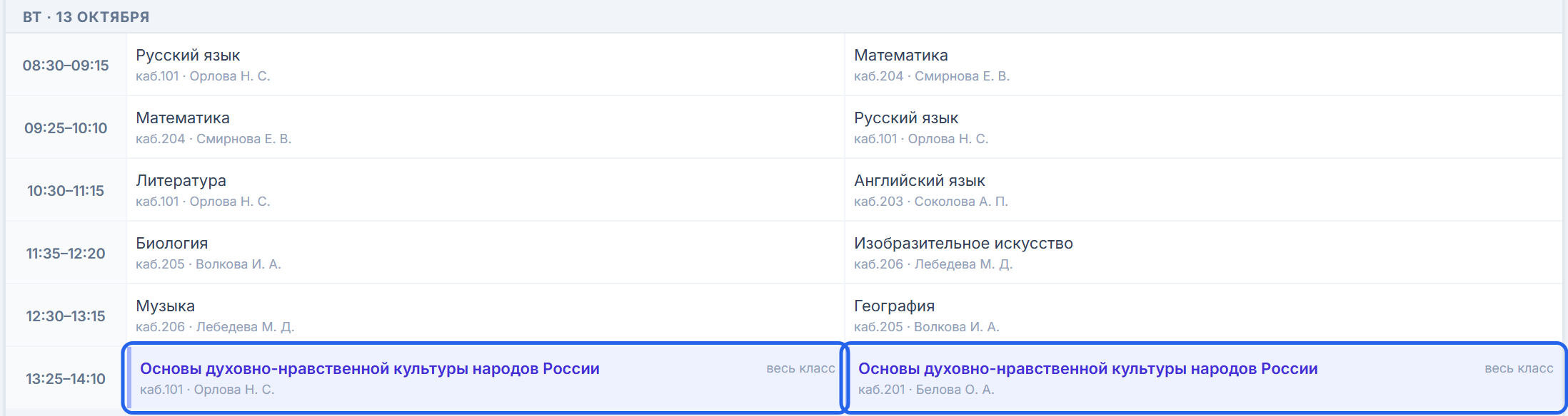 Календарь, вторник 13 октября: у 5А и 5Б отдельные замены с разными учителями и кабинетами